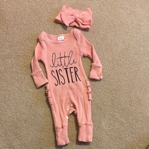 Pink 'Little Sister' Ribbed Baby Romper with Headband